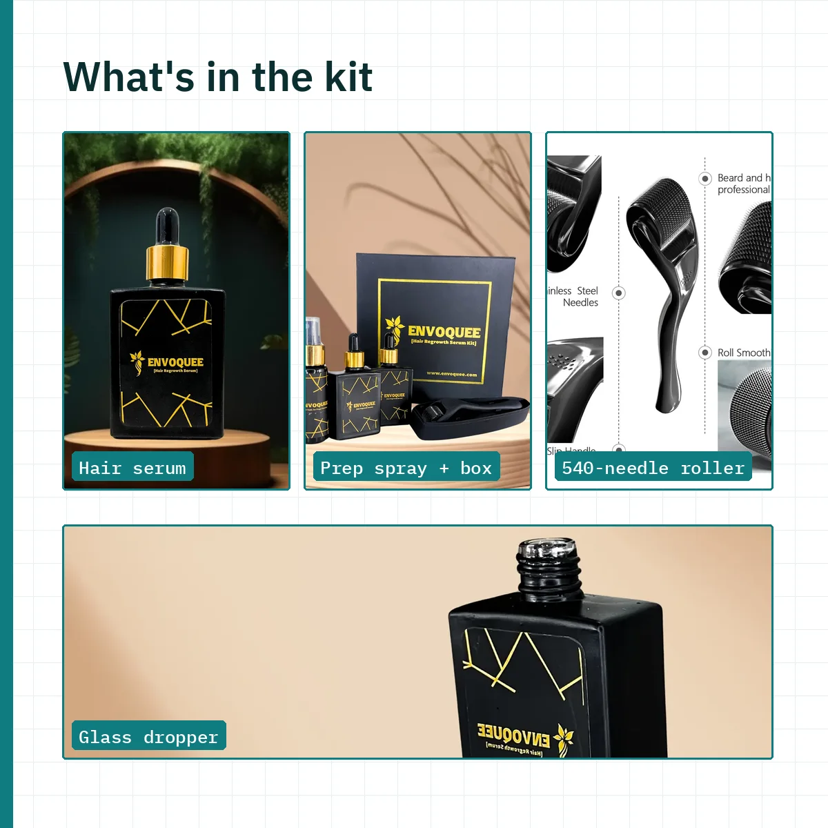 What's in the kit: hair serum dropper bottle, prep spray with gift box, 540-needle derma roller and glass dropper