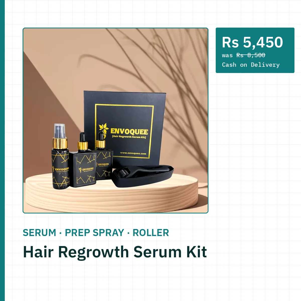 Hair Regrowth Serum Kit with hair serum, Anti Septic prep spray and 540-needle derma roller, shown in its black-and-gold gift box. Rs 5,450 (was Rs 8,500), cash on delivery in Pakistan