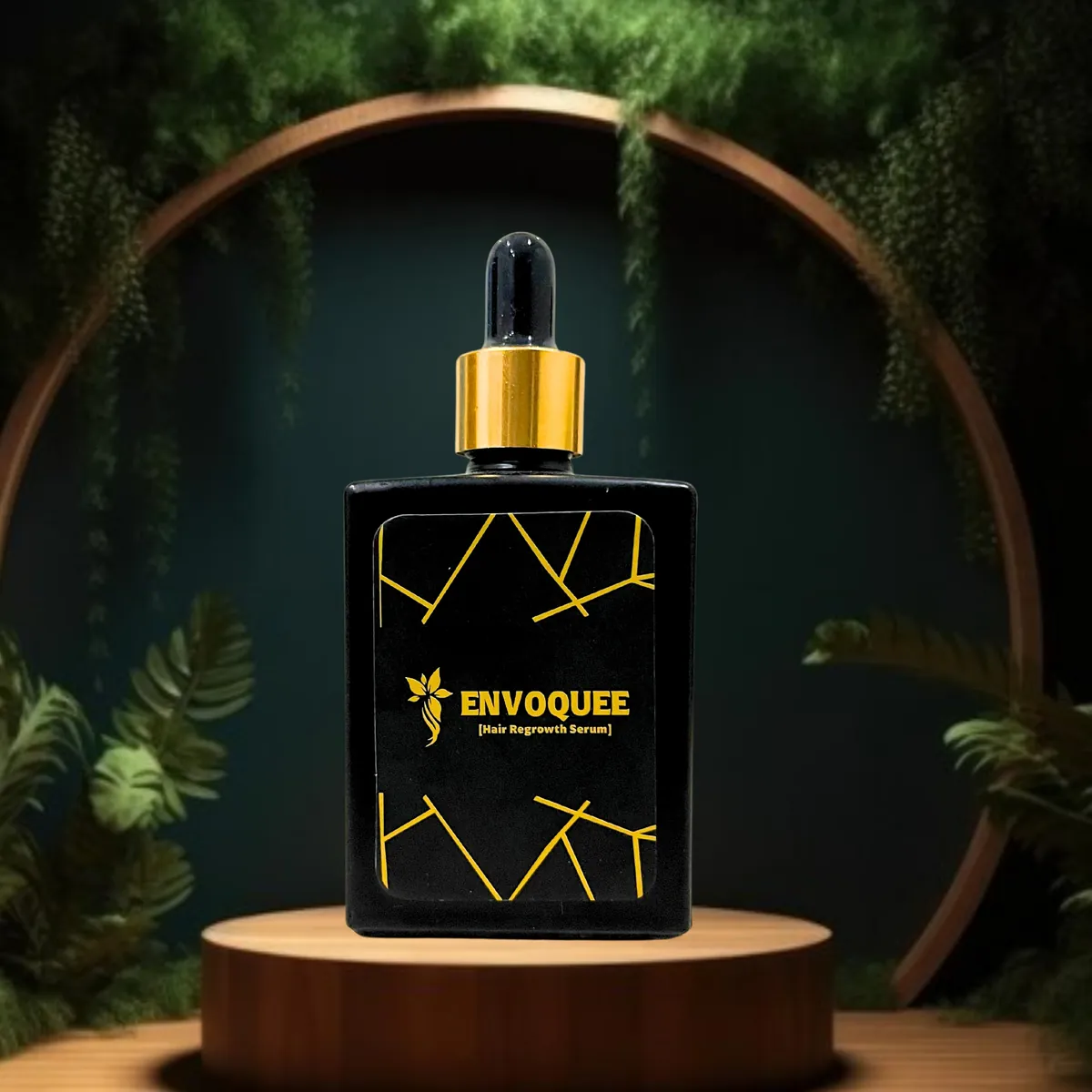 Square black glass hair serum dropper bottle with gold collar
